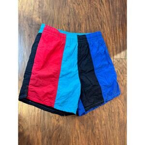 VTG Surf Rags Colorblock Boys M 10-12 Red/Blue/Black Lined Rad 80s Swim Trunks